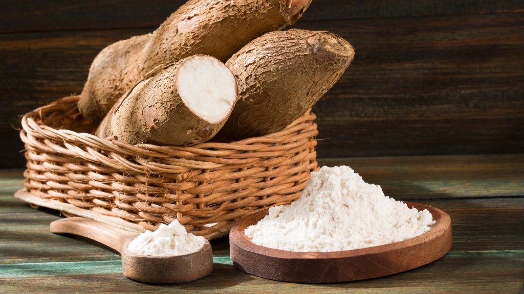 Raw,Cassava,Starch,-,Manihot,Esculenta.,Wooden,Background