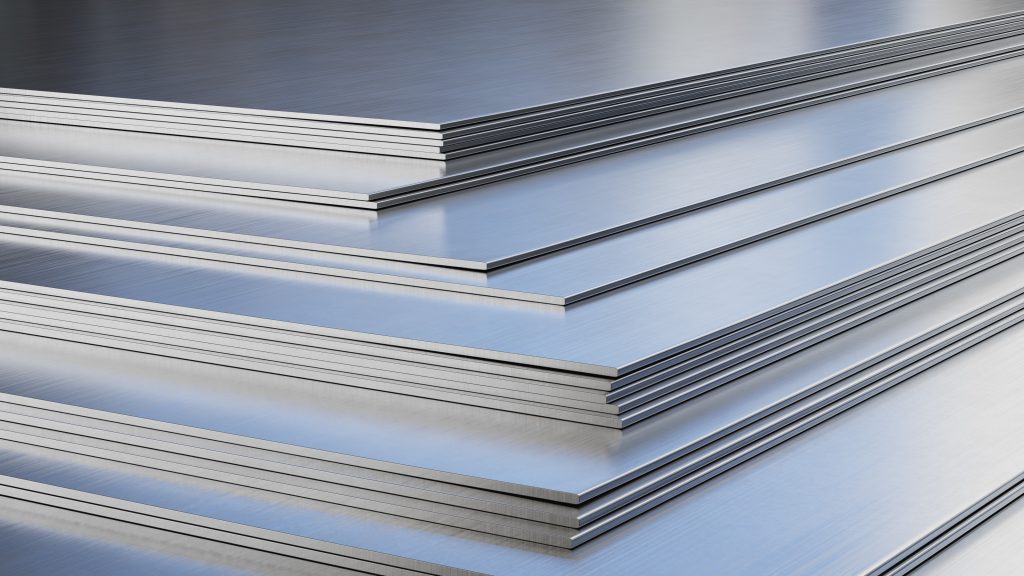 Steel,Sheets,In,Warehouse,,Rolled,Metal,Product.,3d,Illustration.