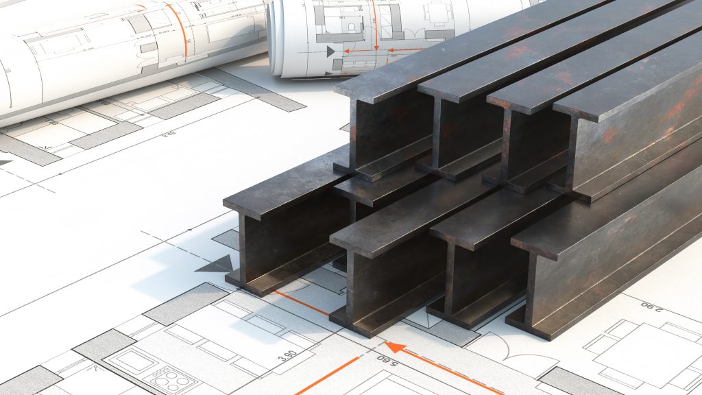 Steel,Beams,Production.,Metal,Girders,Stack,On,Project,Construction,Blueprints